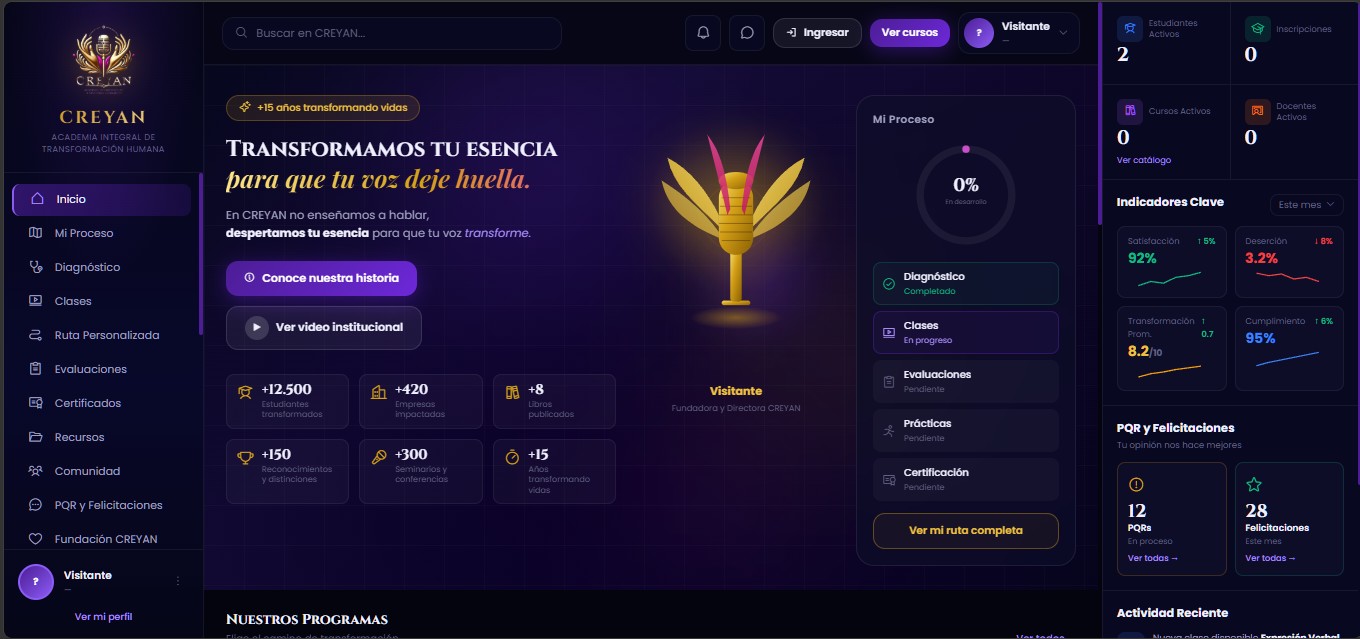 Captura de pantalla del sitio web de Academia Creyan