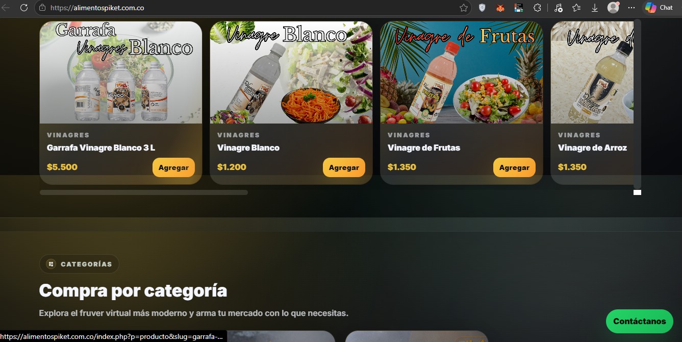 Captura de pantalla del sitio web de Alimentos Piket