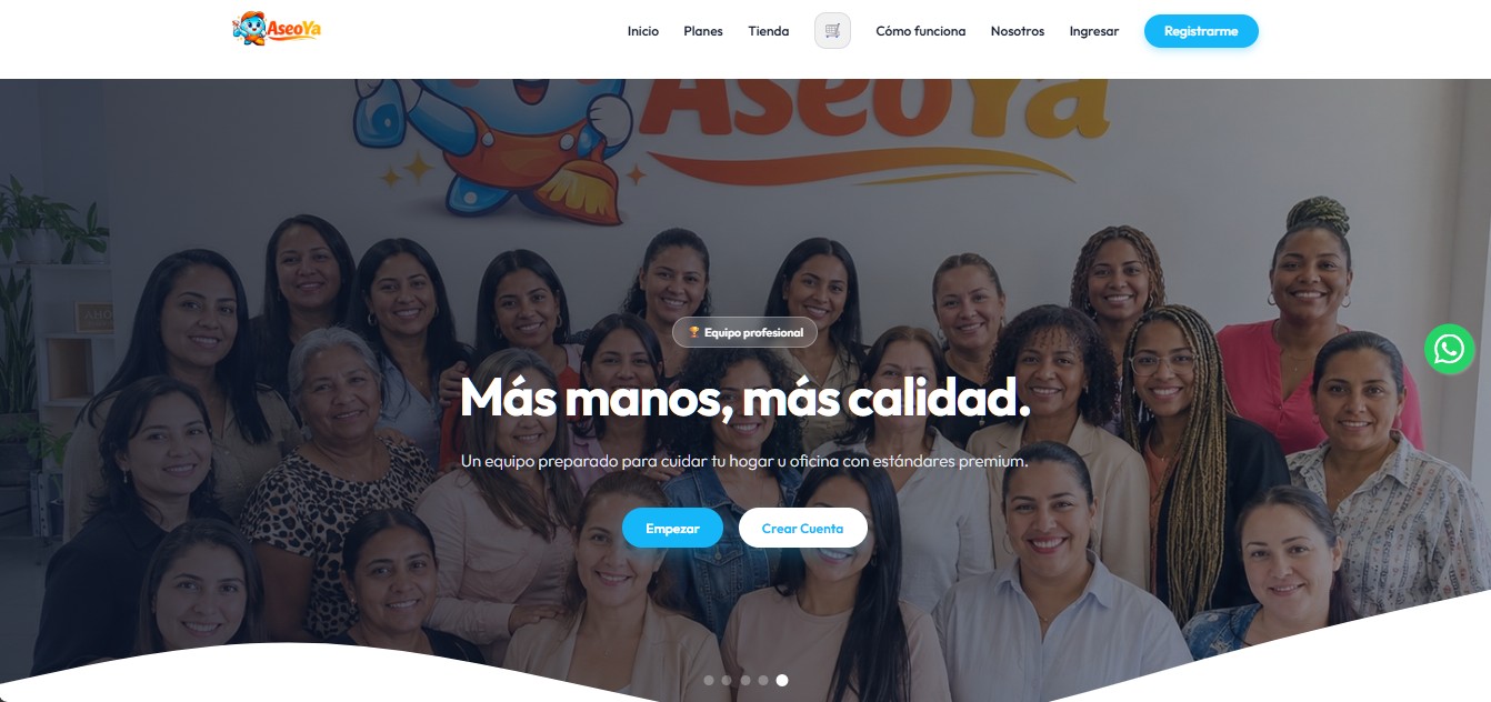 Captura de pantalla del sitio web de Aseo Ya