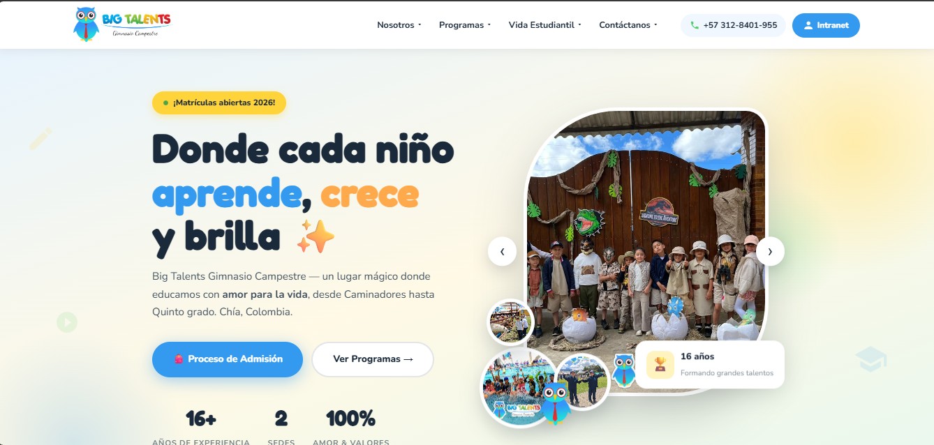 Captura de pantalla del sitio web de Colegio Big Talents
