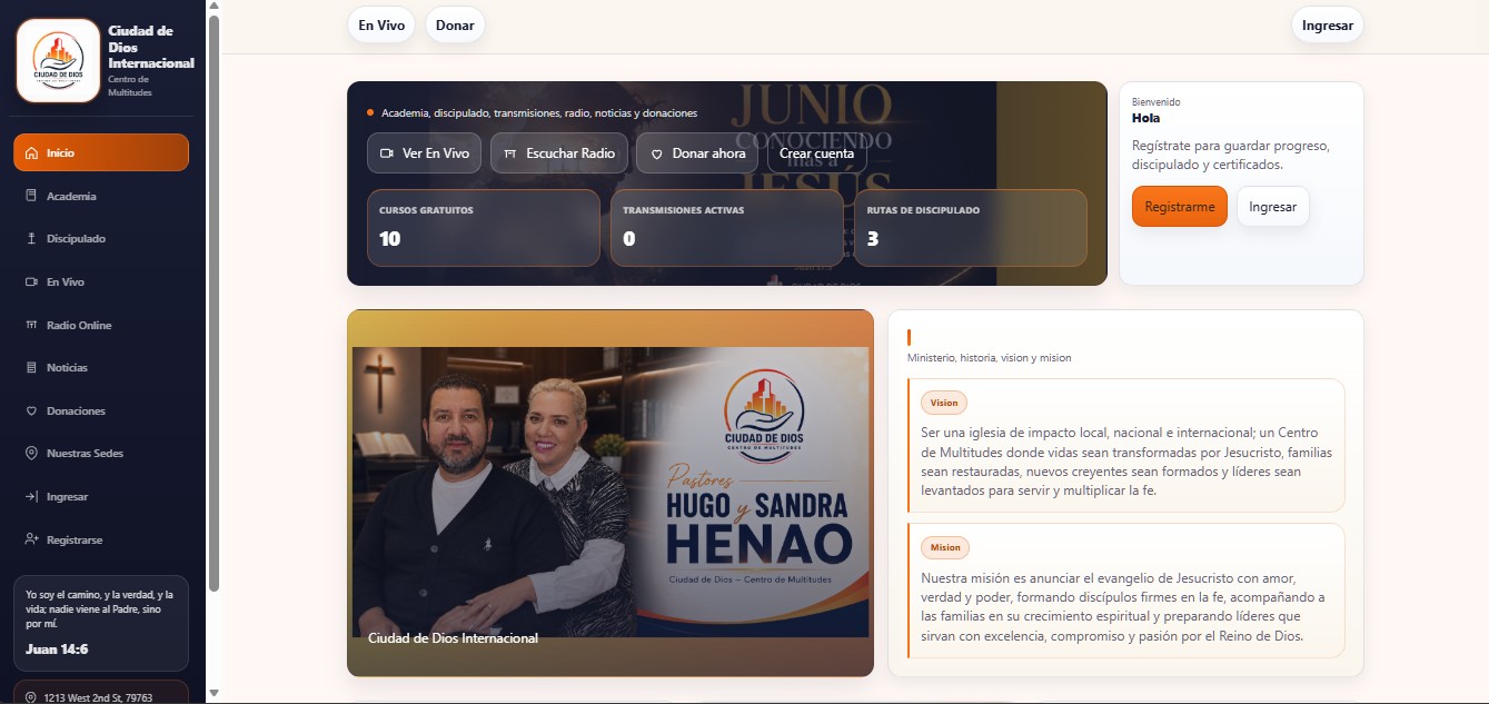 Captura de pantalla del sitio web de Ciudad de Dios Internacional