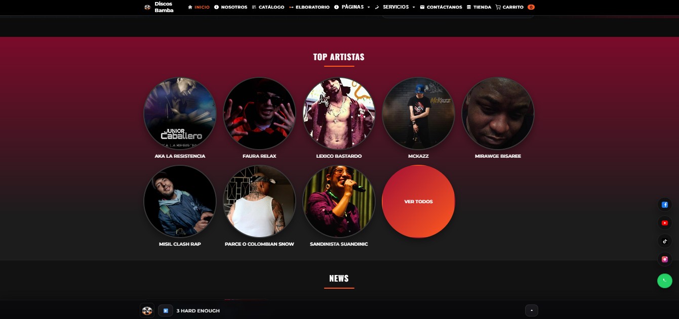 Captura de pantalla del sitio web de Discos Bamba