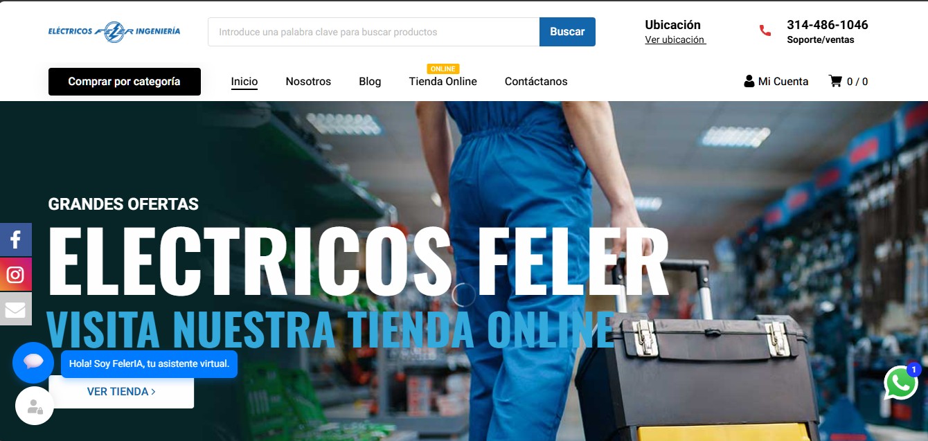 Captura de pantalla del sitio web de Eléctricos Feler