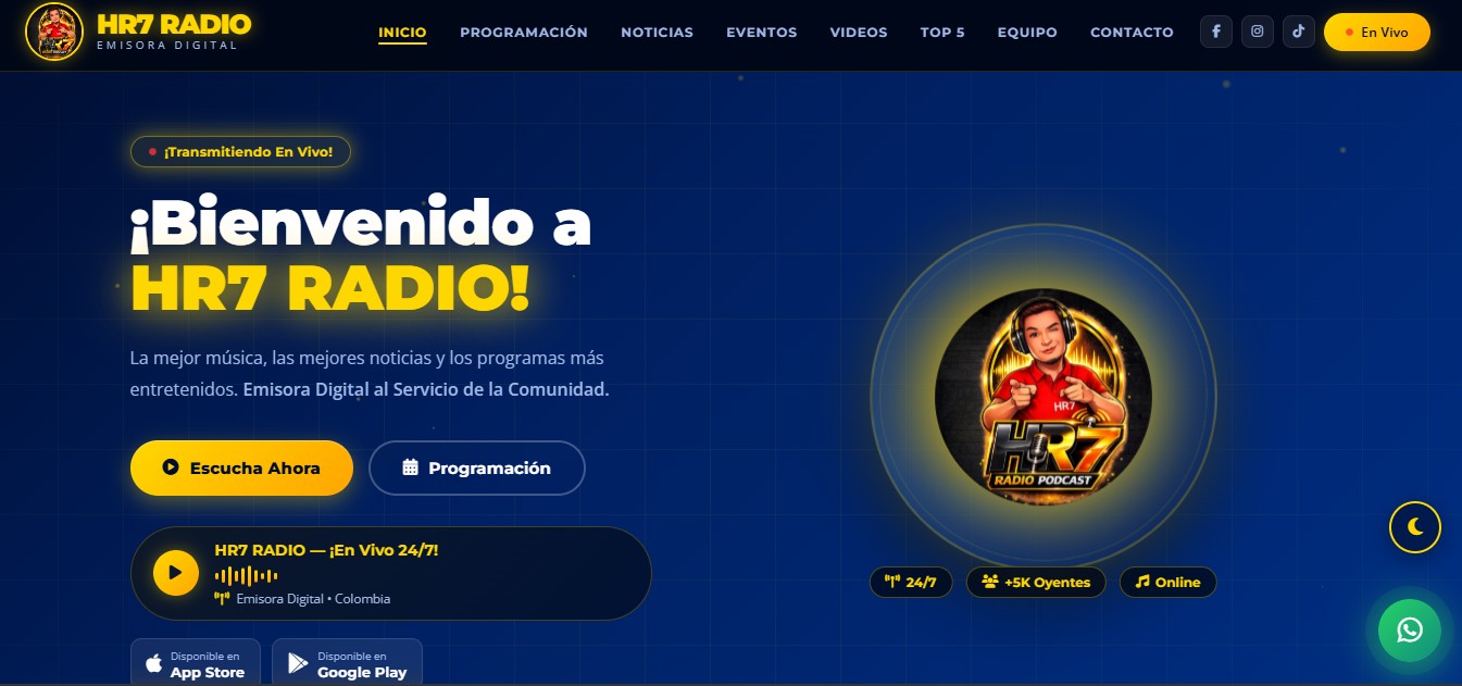 Captura de pantalla del sitio web de HR7 Radio