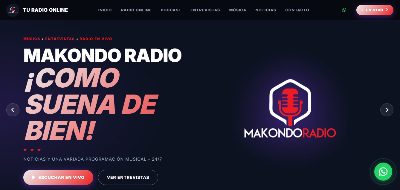 Captura de pantalla del sitio web de Makondo Radio Virtual