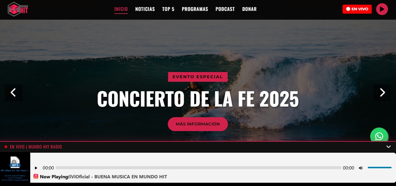 Captura de pantalla del sitio web de Mundo Hit Radio