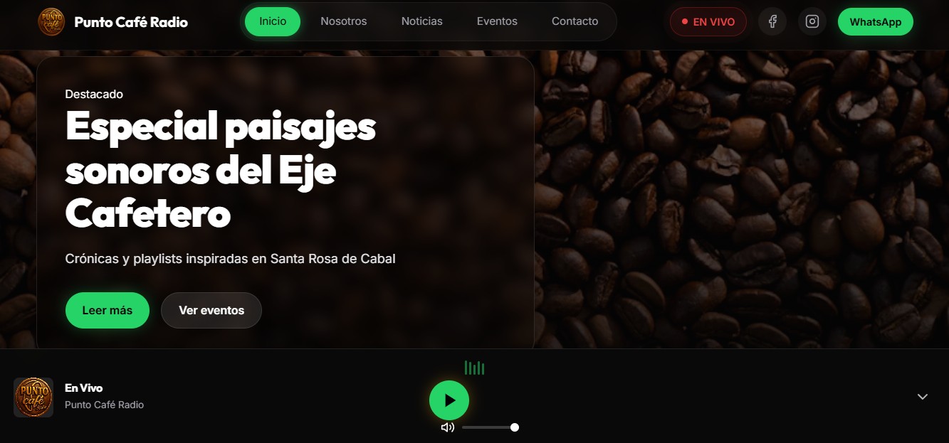Captura de pantalla del sitio web de Punto Café Radio
