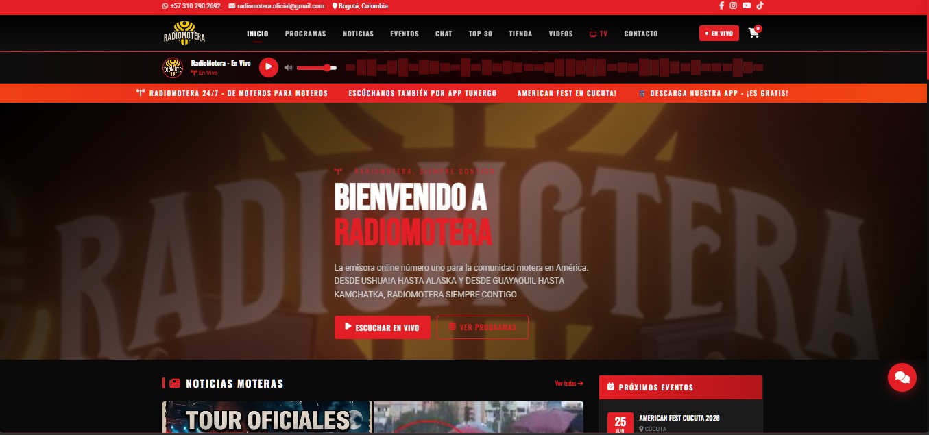Captura de pantalla del sitio web de RadioMotera