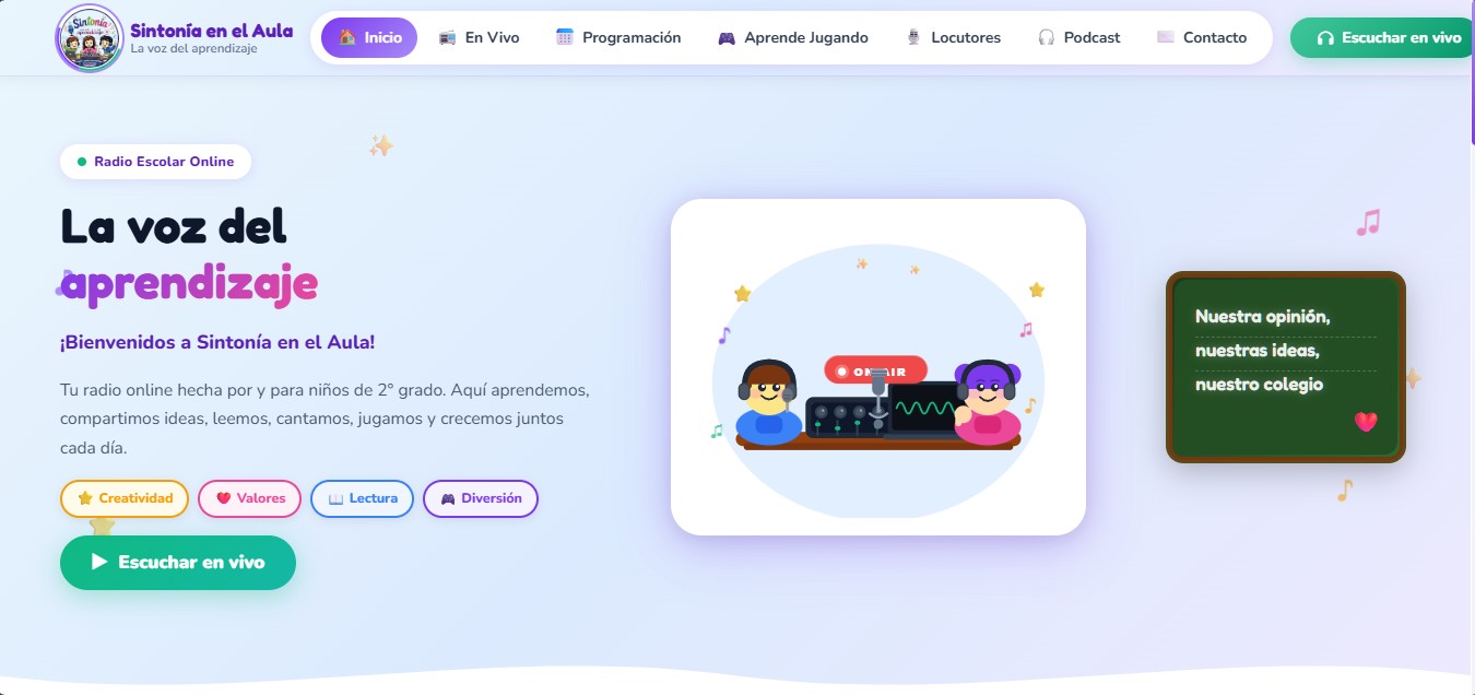 Captura de pantalla del sitio web de Sintonía en el Aula