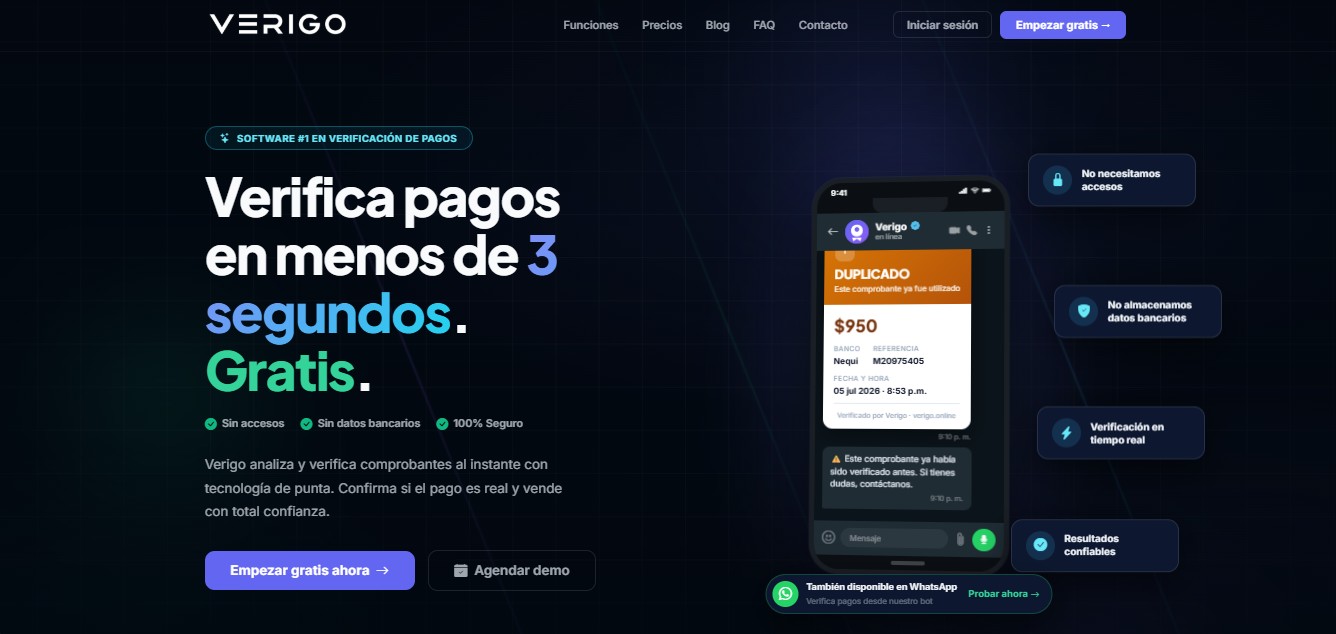 Captura de pantalla del sitio web de Verigo