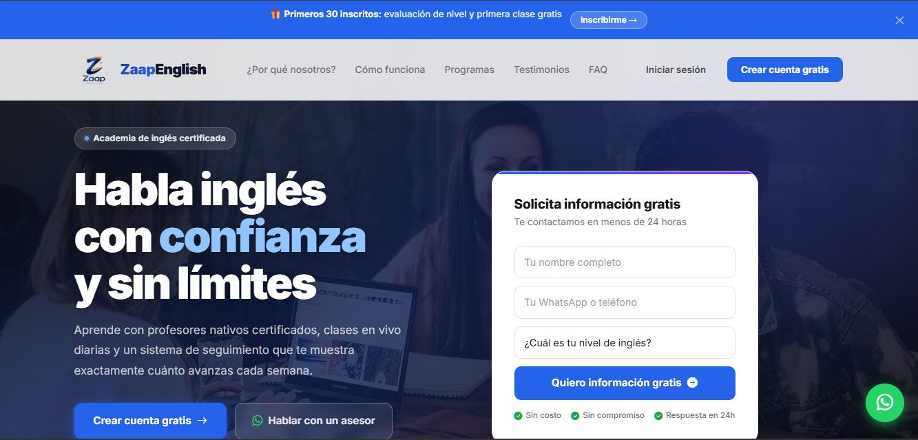 Captura de pantalla del sitio web de ZaapEnglish